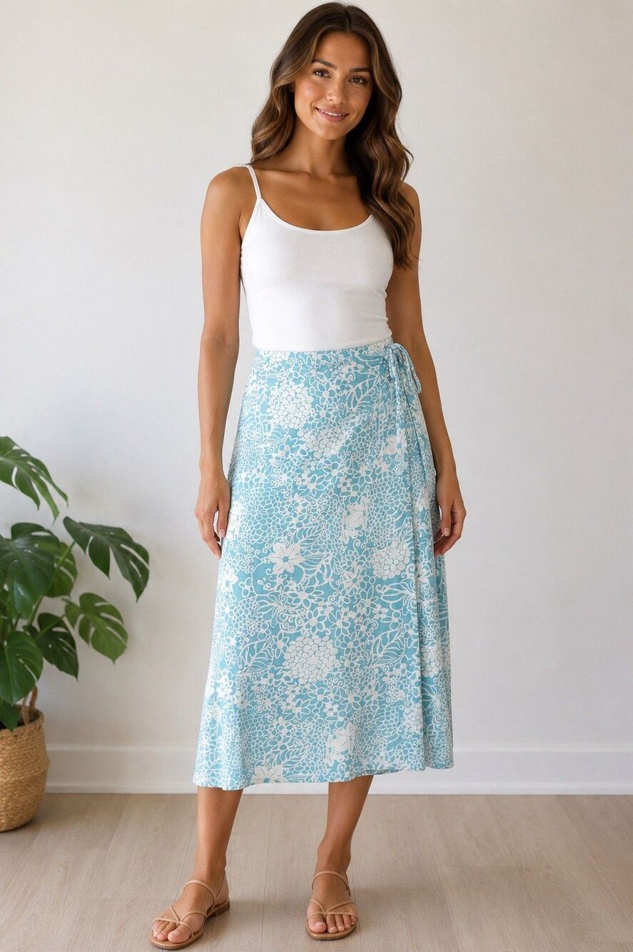 Freelance XL Aqua Blue White Floral Wrap Midi Skirt Modal Stretch Tie Waist